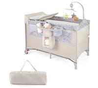 COSTWAY Lit d'appoint pliable 5 en 1 Lit de voyage avec matelas Lit bébé à 2 niveaux avec roulettes Beige