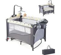 COSTWAY Lit de bébé 5 en 1, Lit de voyage pour bébé avec matelas, Lit d'appoint réglable en hauteur avec table à langer, ceinture de sécurité, boîte à musique & jouets suspendus, Chaise longue Berceau