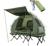 COSTWAY Lit de camp avec tente pour 2 personnes, chaise longue de camping avec auvent, matelas gonflable, sac de couchage, 2 oreillers et sac de transport, à roulettes, 194x145x187cm