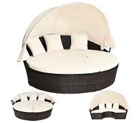 COSTWAY Lit de Jardin Rond en Rotin PE avec Auvent Rétractable, Ensemble de Chaises Sièges Séparés Charge 180KG Coussins Amovibles et Table Basse Réglable en Hauteur 34-55 CM, Beige