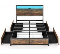 COSTWAY Lit de rangement 200x140cm, lit double avec LED, station de chargement, 4 tiroirs, tête de lit et sommier à lattes, cadre de lit jusqu'à 300kg