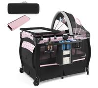 COSTWAY Lit de voyage 4 en 1 avec matelas, lit d'appoint pliable avec auvent réglable, lit bébé avec matelas à langer Lit de voyage pour enfants jusqu'à 15 kg Rose fleurs