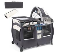 COSTWAY Lit de voyage 4 en 1 avec matelas, lit d'appoint pliable avec auvent réglable, lit de bébé avec matelas à langer Lit de voyage pour enfants jusqu'à 15 kg Charge maximale Fleurs