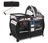COSTWAY Lit de voyage 4 en 1 avec matelas, lit d'appoint pliable avec auvent réglable, lit de bébé avec matelas à langer Lit de voyage pour enfants pouvant supporter jusqu'à 15 kg (cercle)
