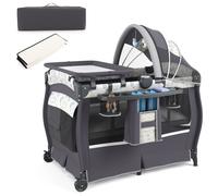 COSTWAY Lit de voyage 4 en 1 avec matelas, lit d'appoint pliable avec auvent réglable, lit de bébé avec matelas à langer Lit de voyage pour enfants jusqu'à 15 kg Charge maximale Feuilles