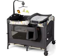 COSTWAY Lit de voyage pliable 4 en 1 & lit d'appoint & table à langer & parc à roulettes, 2 niveaux Lit bébé avec arche de jeu, matelas, matelas à langer, rangement pour les couches et boîte à musique