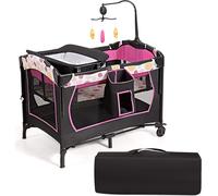 COSTWAY Lit de voyage pliable 4 en 1 & lit d'appoint & table à langer & parc à roulettes, 2 niveaux Lit bébé y compris arche de jeux avec 3 jouets, matelas, matelas à langer, rangement pour les couche
