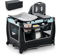 COSTWAY Lit de voyage pliable 4 en 1 & table à langer & parc & berceau pour bébé avec fonction balancelle, corbeille à bébé, matelas à langer, matelas, boîte à jouets, jouets, étagère de rangement et