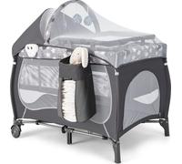COSTWAY Lit de voyage pliable 5 en 1, table à langer avec couffin amovible, filet, boîte à musique, sac, baldaquin & roulettes, pour nourrissons à jeunes enfants