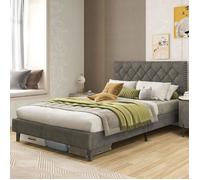 COSTWAY Lit Double 140 x 200 CM Structure de Lit 2 Places pour Adulte, Tête de Lit, Sommier à Lattes, Charge 450 kg, H 31cm