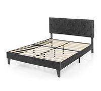 COSTWAY Lit Double avec Tête de Lit 180x200 cm, Cadre de Lit Plateforme Tapissé avec Tête de Lit à Dossier, Sommiers à Lattes en Bois, Lit Rembourré 31 cm de Hauteur, Assemblage Facile, Gris