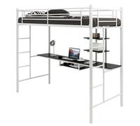 COSTWAY Lit Mezzanine en Métal avec Bureau, 2 Étagères et 2 Echelles, Lit pour Enfants et Adultes avec Lattes en Métal et Garde-Corps sur Toute la Longueur, pour Matelas de 90 x 190 cm (Blanc)
