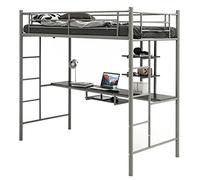 COSTWAY Lit Mezzanine en Métal avec Bureau, 2 Étagères et 2 Echelles, Lit pour Enfants et Adultes avec Lattes en Métal et Garde-Corps, pour Matelas de 90 x 190 cm (Argent)