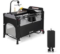 COSTWAY Lit Parapluie Bébé avec Matelas Pliant 5 en 1-Table à Langer,Boîte à Musique-3 Jouets-4 Hauteurs d'Accoudoir Réglables-Noir