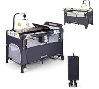 COSTWAY Lit Parapluie Bébé avec Matelas Pliant 5 en 1-Table à Langer,Boîte à Musique-3 Jouets-4 Hauteurs d'Accoudoir Réglables-Gris