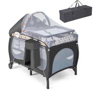 COSTWAY Lit Parapluie Bébé Pliant 5 en 1 avec Matelas,Jouets Suspendus,Boîte à Musique, Auvent Amovible 2 Roues 0-3 Ans 15KG Coloré