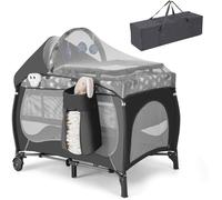 COSTWAY Lit Parapluie Bébé Pliant 5 en 1 avec Matelas,Jouets Suspendus,Boîte à Musique, Auvent Amovible 2 Roues 0-3 Ans 15KG Gris