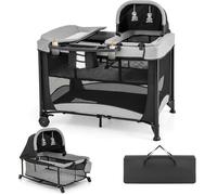 CostwayLit Bébé 5 en 1 Lit Parapluie Pliable Parc Bébé Table à Langer avec Berceau Matelas Amovible Jouets Noir