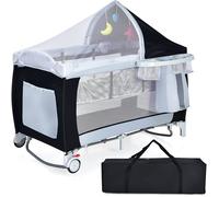 COSTWAY Lit Parapluie Bébé Pliant avec Matelas 4 en 1 Berceau/Table à Langer et Parc de Jeux Fonction Basculement,Arc de Jeux Noir