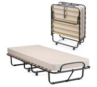 COSTWAY Lit Pliant 1 Personne Adulte 80 x 190 cm avec Matelas Orthopédique en Mémoire 6,5 cm, Charge 130 kg, Lit d’Appoint Pliable à 4 roulettes et Sommier à 15 Lattes de Bois pour invité, Beige