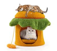 COSTWAY Lit pour Chat en Forme de Hamburger, Niche Chat avec Perchoir Rembourré, Coussin Amovible Lavable, Jouet Suspendu en Peluche, Panier pour Chaton, 37 x 37 x 41 cm