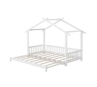 COSTWAY Lit Simple 90 x 200 cm à King 180 x 200 cm, Cadre en Bois, Garde-Corps de Sécurité et Toit, Cadre de Lit Extensible Blanc