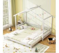 COSTWAY Lit Simple 90 x 200 cm à King 180 x 200 cm, Cadre en Bois, Garde-Corps de Sécurité et Toit, Cadre de Lit Extensible Blanc