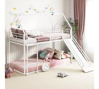 COSTWAY Lit Superposé Cabane Enfant avec Toboggan, 90 x 200 cm, Lit Mezzanine avec Escalier, Cadre en Métal, Barrière de Sécurité, Style Maison, Pas Besoin de Sommier, pour Fille, Garçon (Blanc)