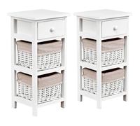 COSTWAY Lot 2 Tables de Chevet avec 1 Tiroir et 2 Panier d'Osier Amovible,Cadre en Bois de Paulownia Style Vintage Rustique