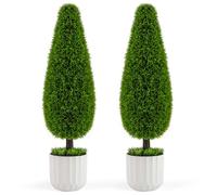 COSTWAY Lot de 2 Arbres Arbustes de Cèdre Artificiel 90 cm en Forme de Larme, avec Ciment Fausses Vignes, pour Maison Porche
