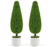 COSTWAY Lot de 2 Arbres Arbustes de Cèdre Artificiel 90 cm en Forme de Larme, Fausse Plante Topiaire en Pot en Plastique avec Ciment Fausses Vignes, Décorations Plantes pour Maison Porche