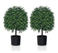 COSTWAY Lot de 2 Arbres de Buis Artificiel Topiaire 55 cm avec 343 Fruits Blancs, Fausses Plantes en Boule avec Feuilles Résistantes UV, Décorations Plantes en Pot pour Maison Porche