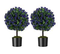 COSTWAY Lot de 2 Arbres de Buis Artificiel Topiaire 55 cm, Boules de Roses Artificielles Violets avec Pot en Ciment, Décorations Plantes pour Maison Porche Bureau Jardin