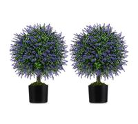 COSTWAY Lot de 2 Arbres de Buis Artificiel Topiaire 58 cm, Boules de Lavandes Artificielles Violets avec Pot en Ciment, Décorations Plantes pour Maison Porche Bureau Jardin