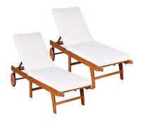 COSTWAY Lot de 2 Chaise Longue de Jardin en Bois d'Eucalyptus à roulettes, Bains de Soleil Pliable avec Coussin à Fermeture Éclair, Dossier Réglable sur 6 Positions, Charge Max 160KG