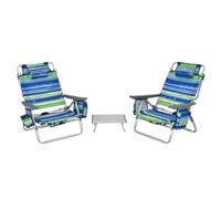 COSTWAY Lot de 2 Chaises de Plage Pliante avec Table Enroulable en Aluminium, Fauteuil de Jardin Inclinables à 5 Positions Charge Max 136 KG, pour Randonnée Plage Pêche (Bleu+Vert)