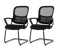COSTWAY Lot de 2 Chaises d'Invité de Bureau, Fauteuils Salle d'Attente avec Dossier, Panier de Rangement, Accoudoirs Intégrés, Chaises de Salle de Conférence, Noir