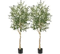 COSTWAY Lot de 2 Plantes Artificielles en Pot Hauteur 185CM, Olivier Artificiel 1296 Feuilles en Soie 72 Fruits avec Base de Ciment Décoration pour Maison Cour et Jardin