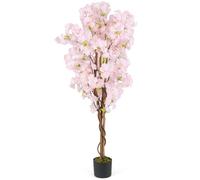 COSTWAY Lot de 2 Plantes Artificielles en Pot Pépinière 150CM avec 972 Fleurs Roses, Fausse Cerisier avec Troncs en Bois Véritable, Décoration Moderne pour Salon Balcon Bureau