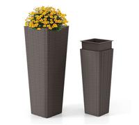 COSTWAY Lot de 2 Pots de Fleurs, Bacs Intérieurs Amovibles, Trous de Drainage, Table Potagère en Osier Décoratifs en Rotin PP, Café