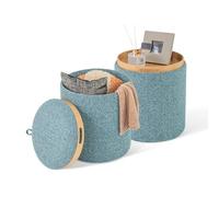 COSTWAY Lot de 2 Pouf Rangement, Tabouret Rangement avec Couvercle, Capacité 41L + 25L, Ottomans Ronds Rembourrés, Plateau Réversible, Repose-Pieds Emboîtables pour Chambre, Salon, Bureau, Bleu