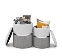 COSTWAY Lot de 2 Poufs Rangement en Tissu Lin, Pouf Coiffeuse Empilable, Garniture Argentée, Coussinets Antidérapants, Siège Rembourré, Tabouret Rond pour Coiffeuse Chambre Salon (Gris)