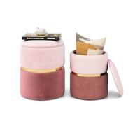 COSTWAY Lot de 2 Poufs Rangement en Tissu Lin, Pouf Coiffeuse Empilable, Garniture Argentée, Coussinets Antidérapants, Siège Rembourré, Tabouret Rond pour Coiffeuse Chambre Salon (Rose)