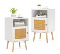COSTWAY Lot de 2 Table de Chevet avec Porte Cannage et Pieds en Bois Massif, Chevet de Lit Bohême, Fermeture Silencieuse, Table d'Appoint ave pour Salon, Chambre, 40 x 40 x 70 cm, Blanc