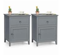 COSTWAY Lot de 2 Table de Chevet avec Tiroir, Table de Nuit avec Placard et Pieds en Bois Massif pour Chambre, Salon, Bureau, 48 x 38 x 63,5 cm (Gris)