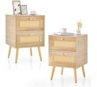 COSTWAY Lot de 2 Table de Chevet en Rotin, 2 Tiroirs et 4 Pieds en Pin, Porte Cannage, pour Salon, Chambre, 40 x 40 x 59 cm