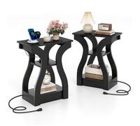 COSTWAY Lot de 2 Tables d'Appoint avec Station de Charge à 3 Niveaux - Étagères de Rangement Ouvertes 50 x 30 x 60,5 cm Noir