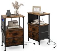 COSTWAY Lot de 2 tables de nuit avec station de recharge, table d'appoint industrielle avec 2 tiroirs & 6 poches latérales Prises USB & prises de courant 38 x 30 x 60 cm