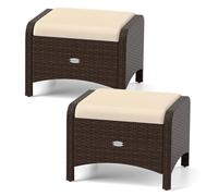 COSTWAY Lot de 2 Tabourets de Jardin en Rotin PE, 3-en-1 Pouf Extérieur, Charge 180 kg, Coussin Rembourré Amovible, Patins Réglables, Repose-Pied pour Balcon Porche Terrasse, 54 x 46 x 39,5 cm (Brun)