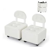 COSTWAY Lot de 2 Tabourets Empilable roulettes avec Dossier, Tabourets Bas Rembourrés en Similicuir, Roues Verrouillables, Charge 150 kg, pour Salon, Entrée, Bureau, 40 x 40 x 55 cm (Blanc)